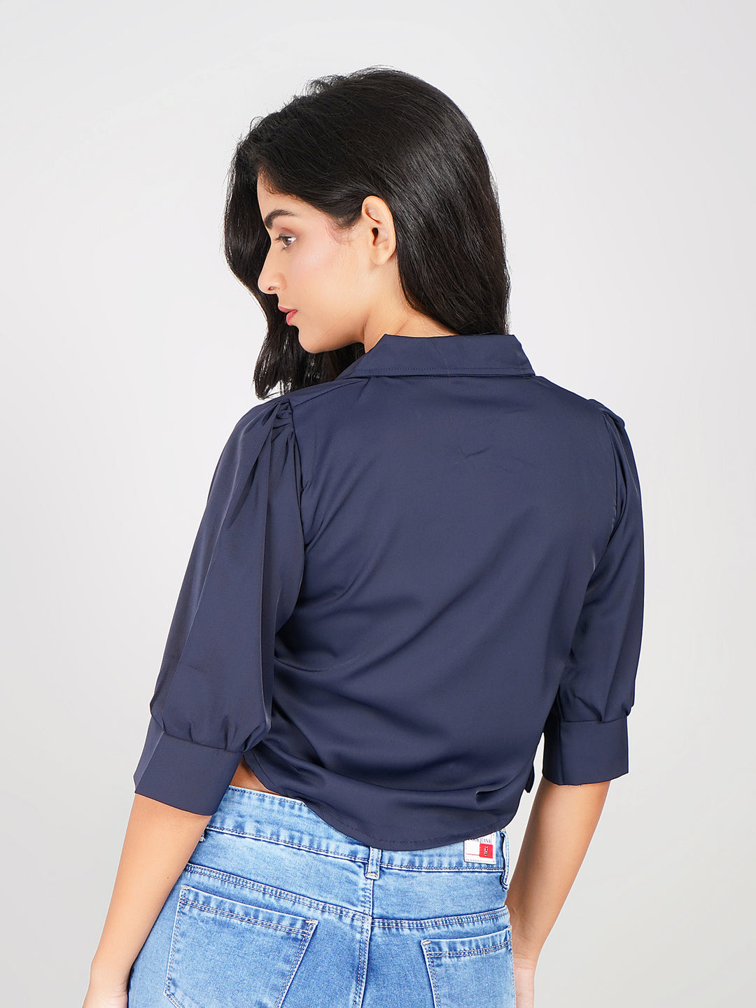 fashionable puff sleeve blouse with tie detail and button front