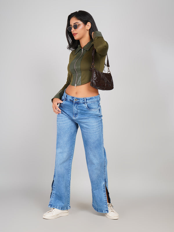 fashionable ribbed knit top with leather-style collar and cuffs