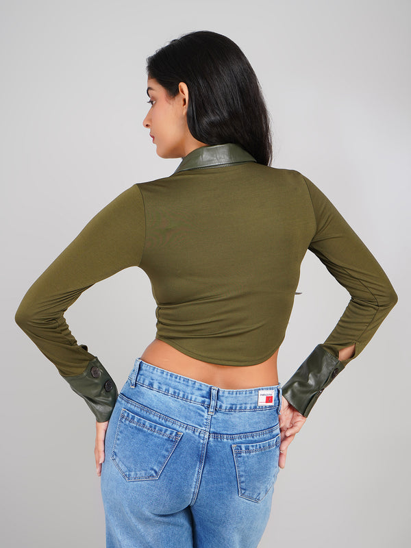 ladies’ zip-up ribbed top with faux leather collar design