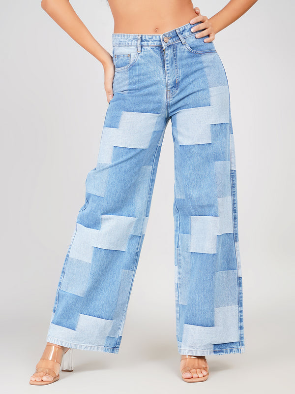 light blue patchwork wide leg jeans for women