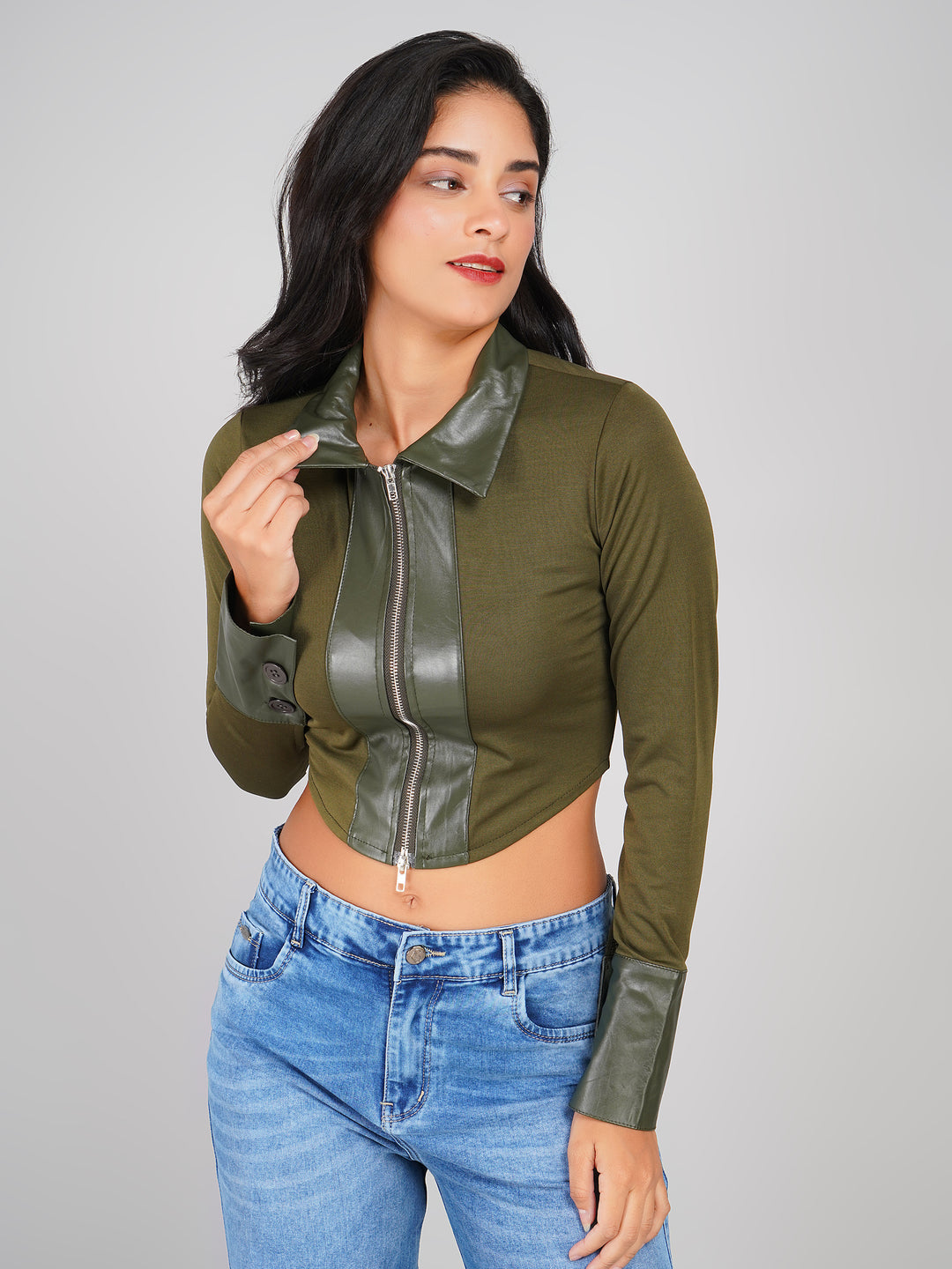 ribbed knit top with zip front, faux leather collar, and button cuffs