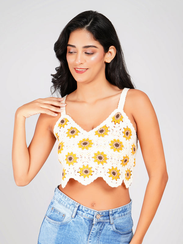 sleeveless crochet floral crop top with yellow sunflower pattern