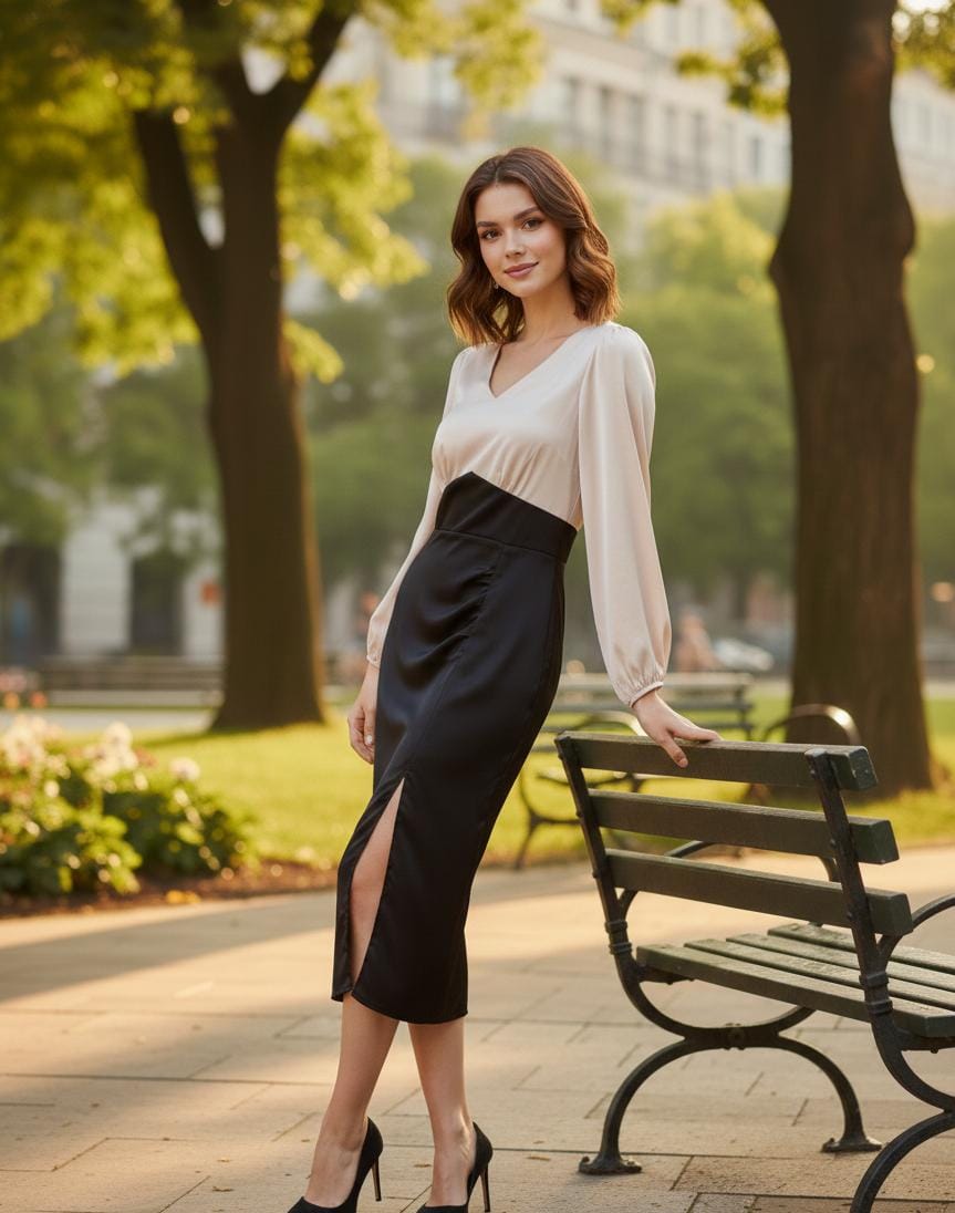 stylish black white pencil midi dress women