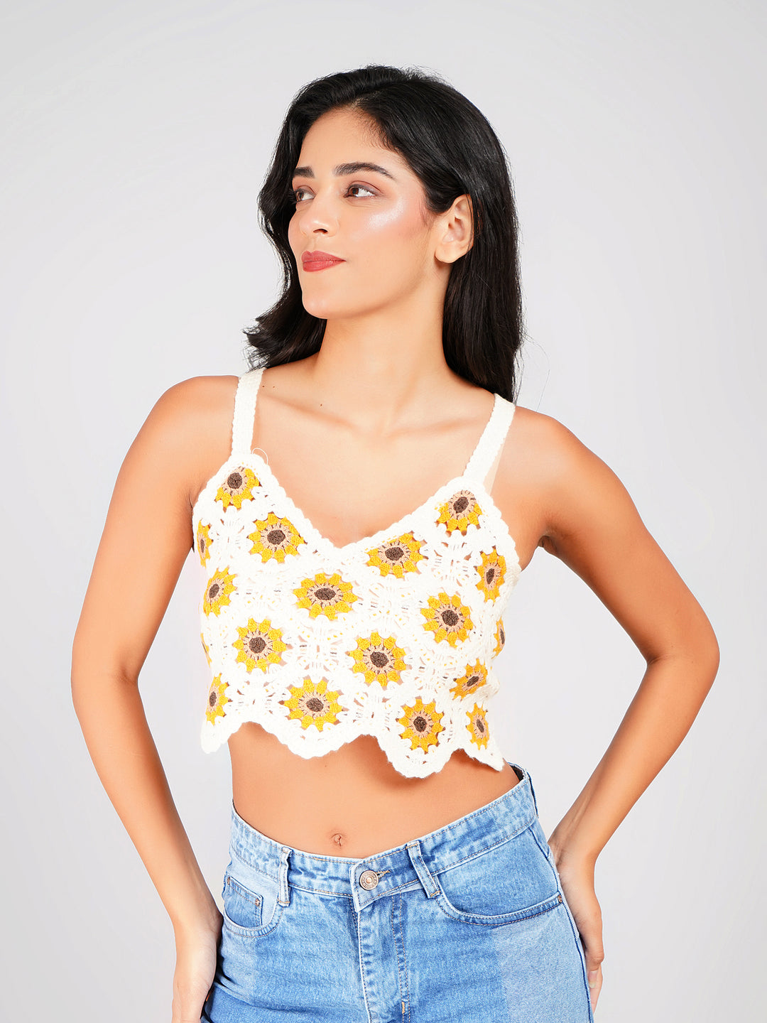 stylish crochet sunflower crop top for women