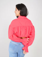 Load image into Gallery viewer, stylish denim crop top featuring heart patch panel and puff sleeves
