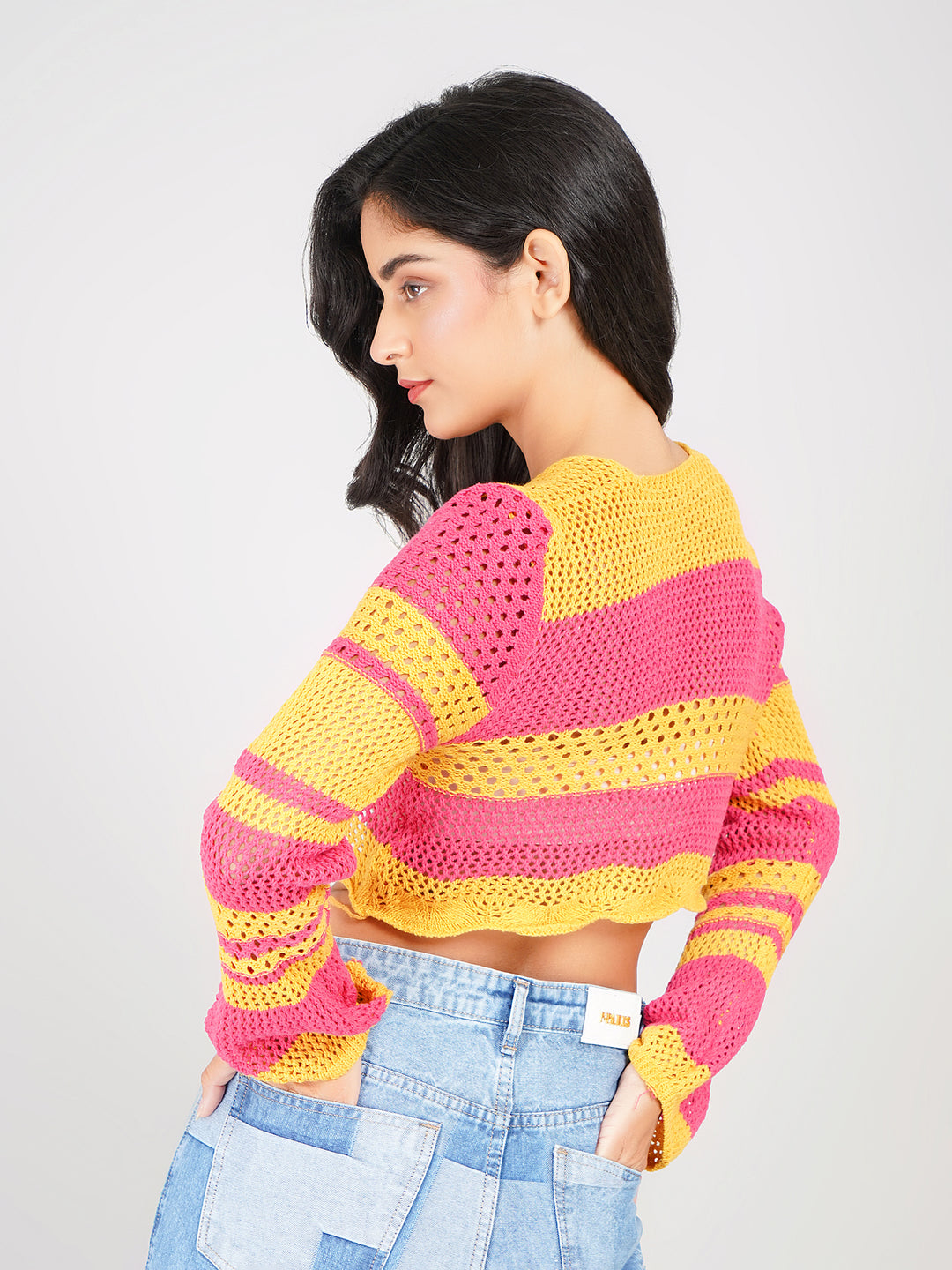 stylish pink yellow crochet crop top with round neck design