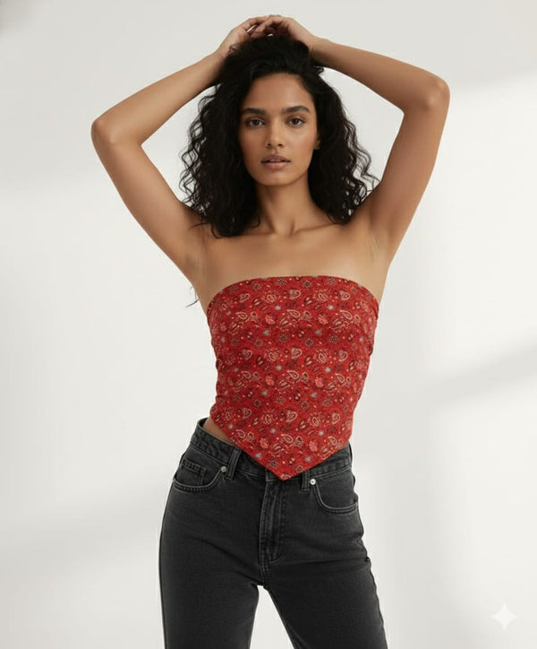 stylish red crop tank top paired with jeans