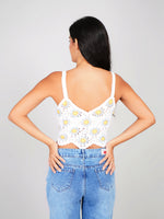 Load image into Gallery viewer, stylish white knit crop top featuring yellow flower crochet
