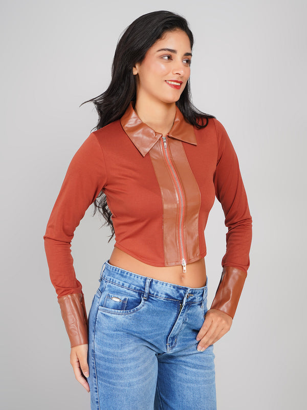 stylish zip-up knit top for women with leather collar and cuffs