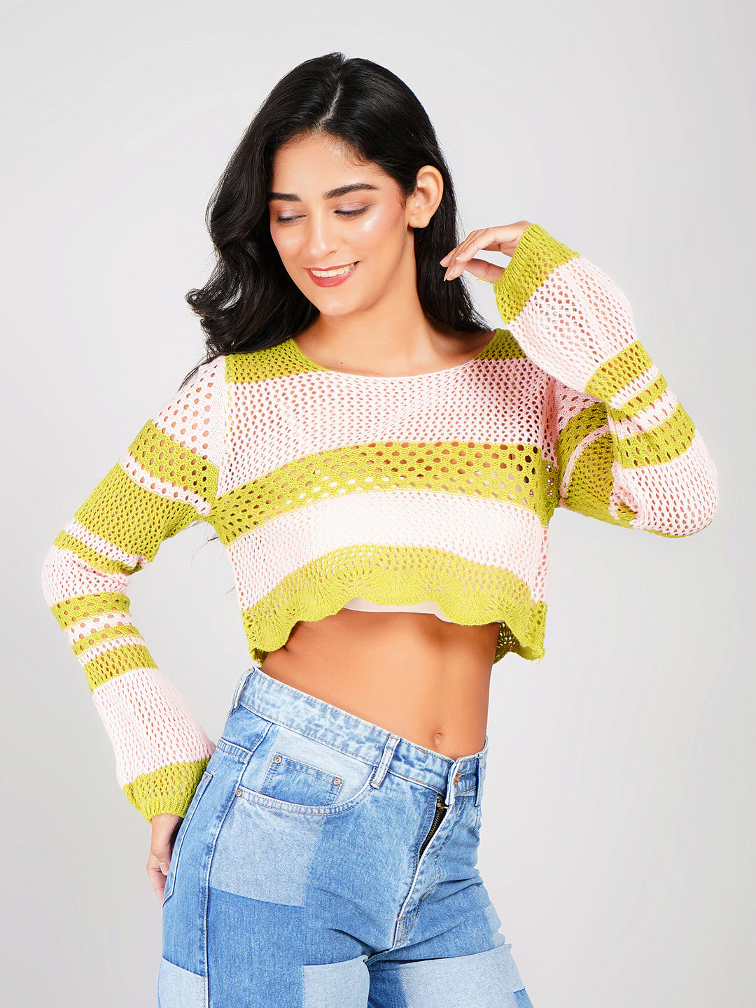 trendy crochet knit crop top for women with long sleeves