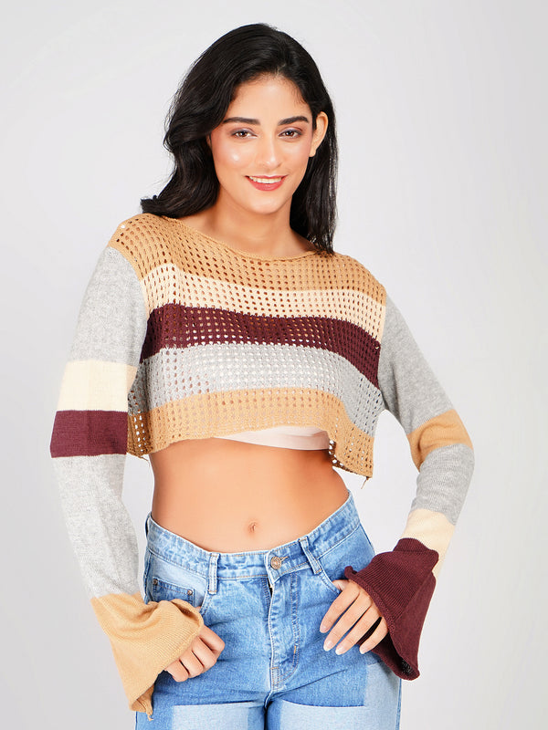 trendy crochet knit crop top in brown tones with flare sleeves