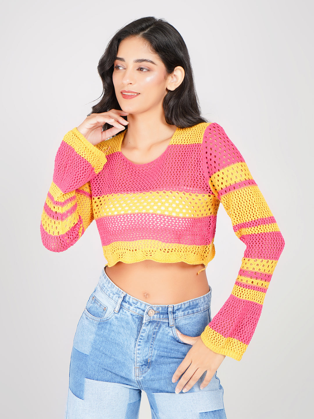 trendy crochet knit flare sleeve crop top in pink and yellow