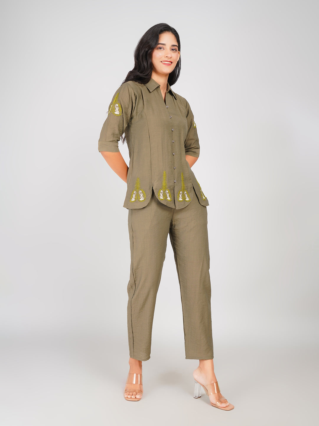 trendy olive green top and pant set women