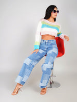 Load image into Gallery viewer, vibrant crochet crop top with round neck and long sleeves
