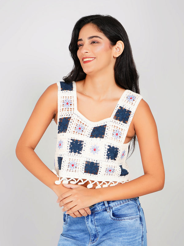 white blue printed crochet tank crop top women
