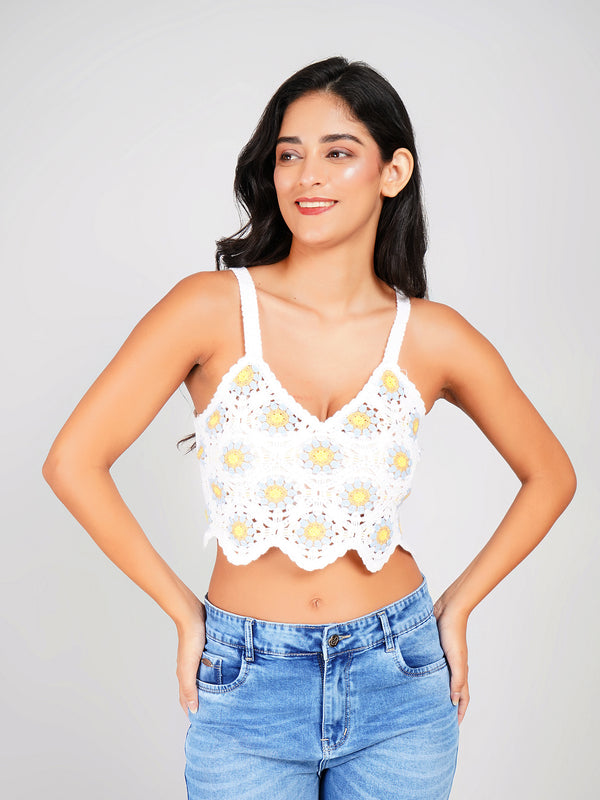 white crochet knit top with yellow flower embroidery