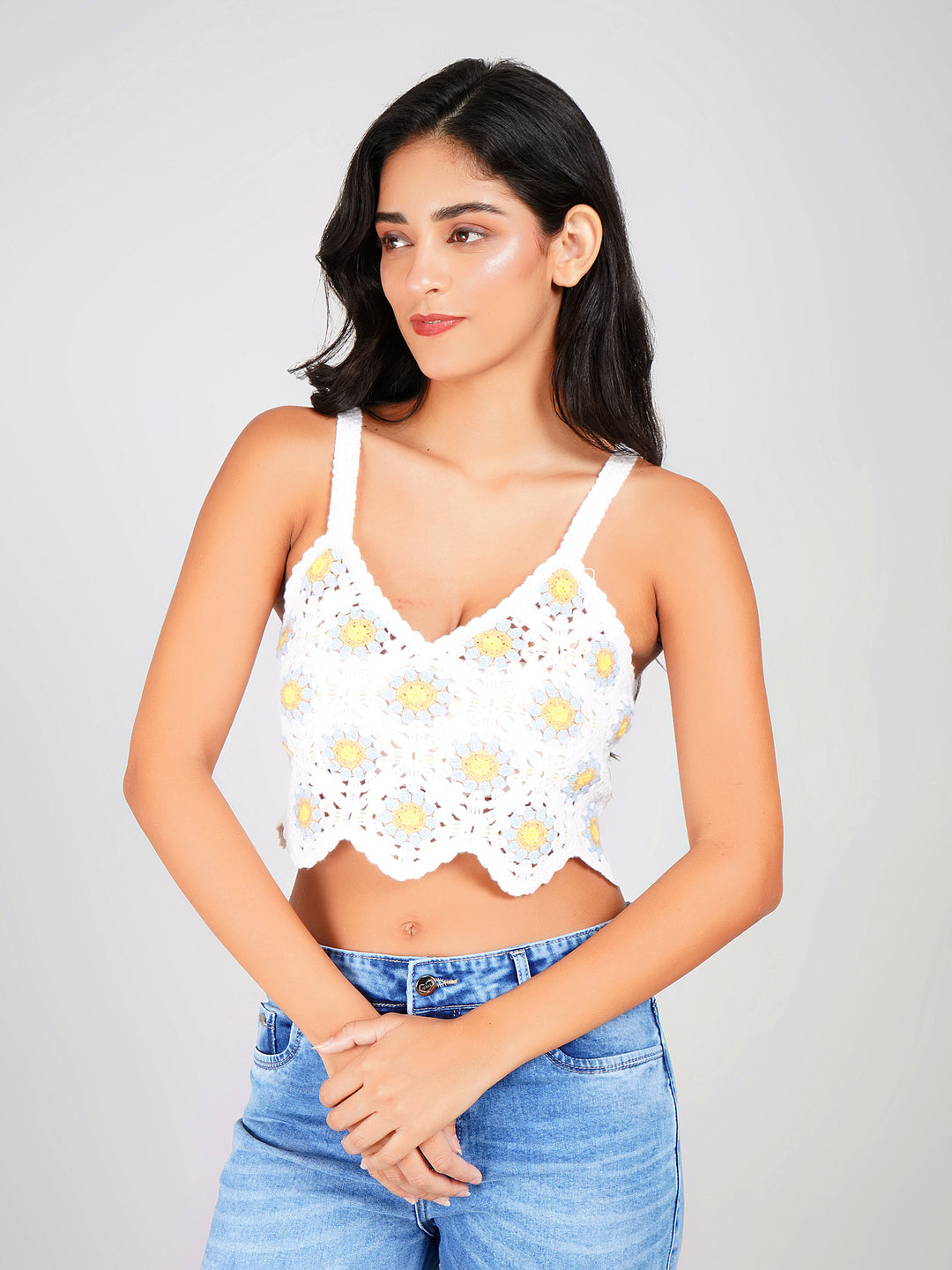 white knit crochet floral crop top with yellow flower pattern