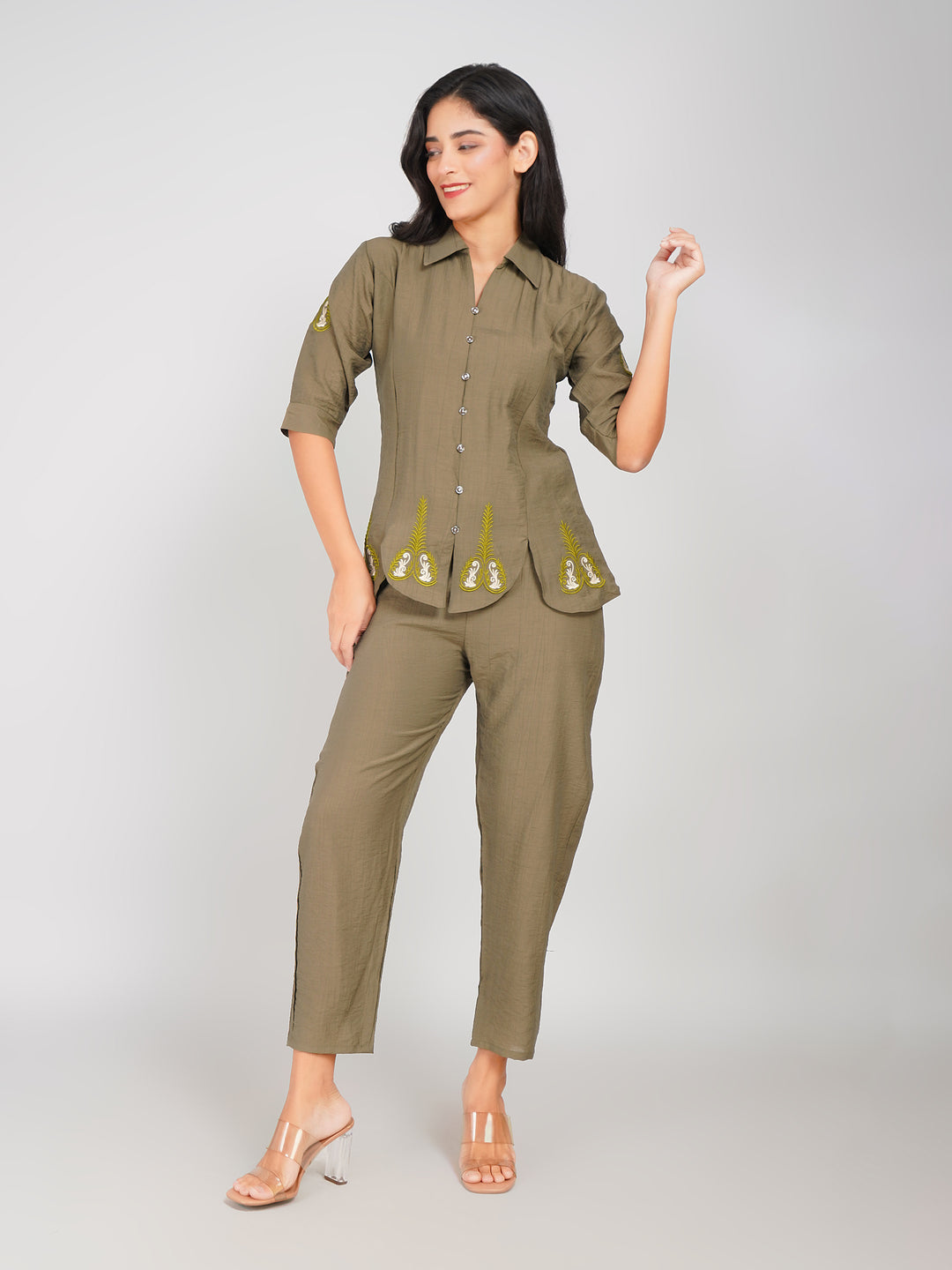 women casual olive green coord set