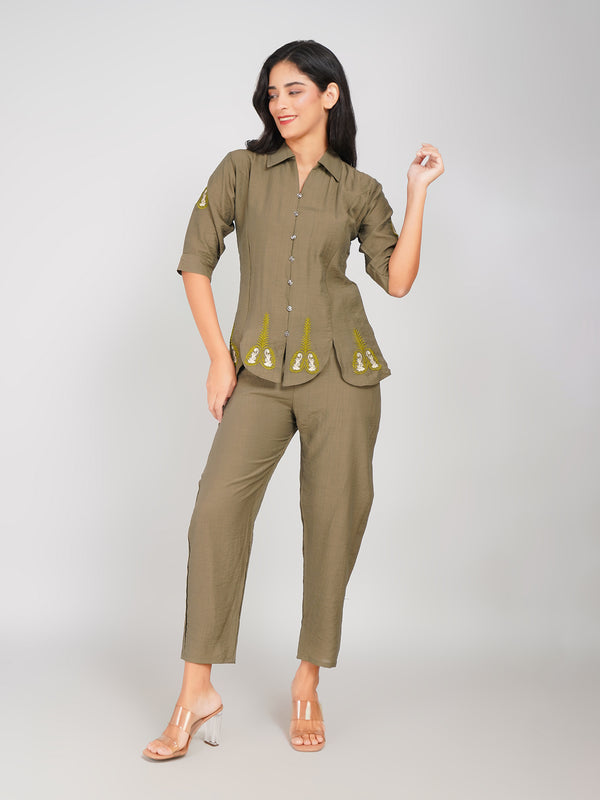 women casual olive green coord set