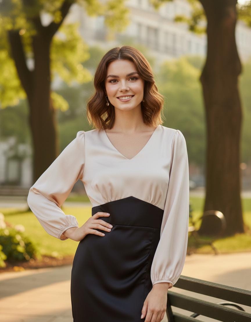 women classy black white dress street style