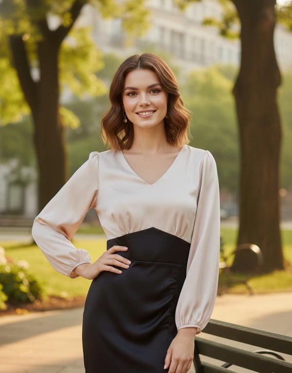 women classy black white dress street style