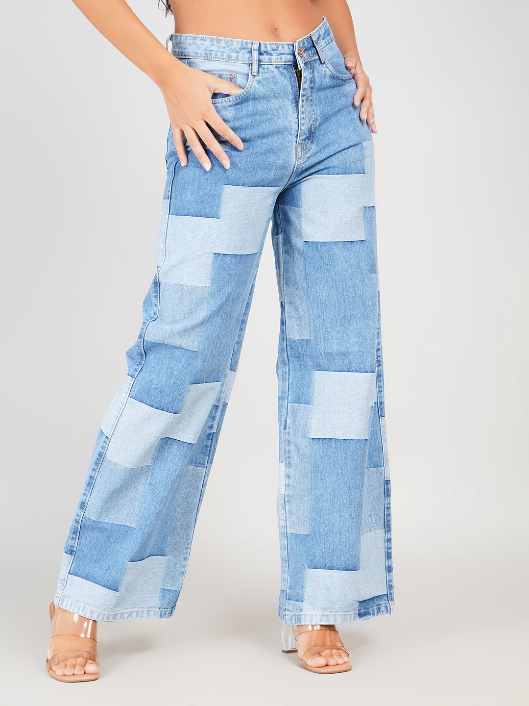 women high waist patchwork denim jeans