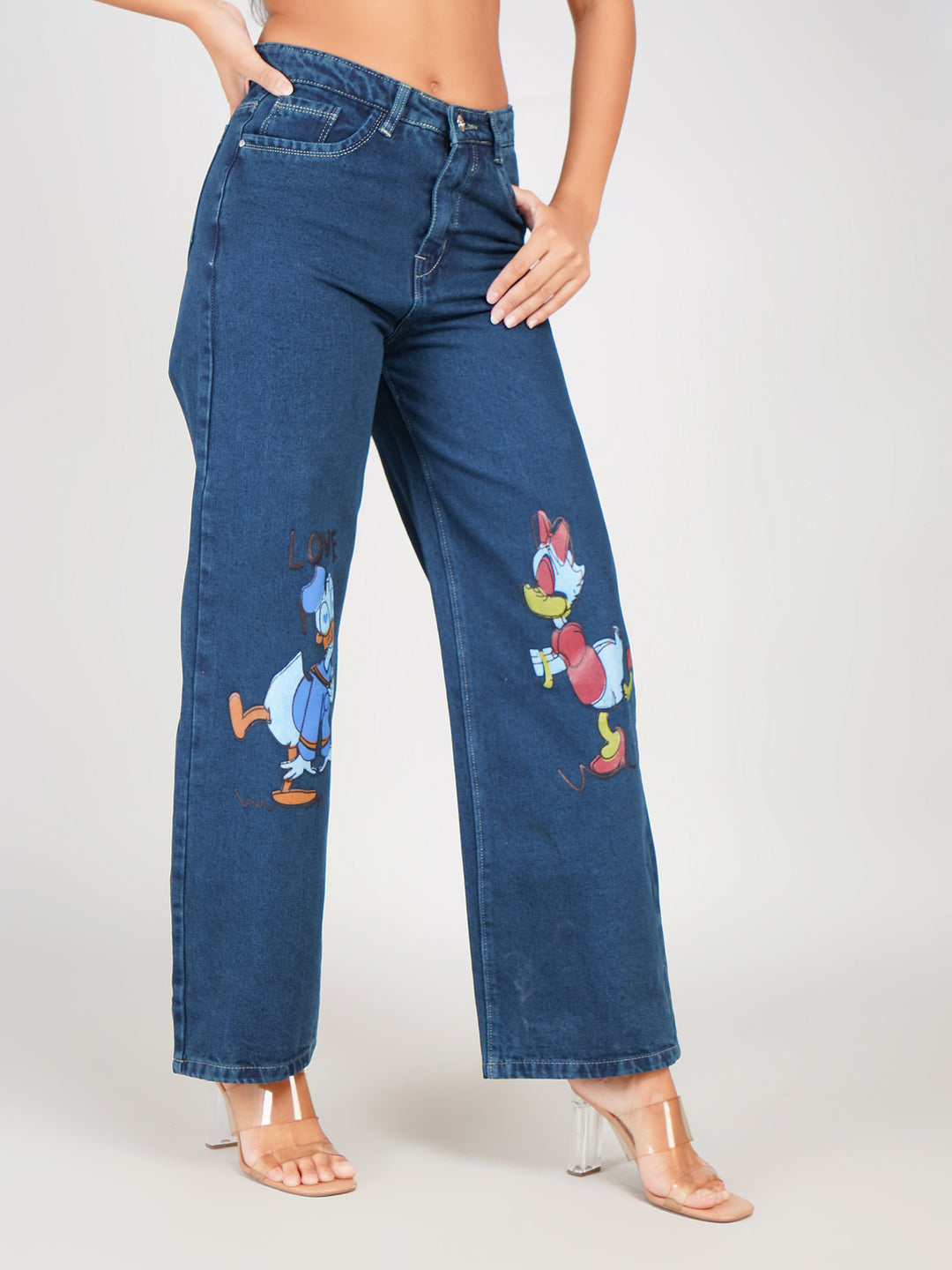 women high waist printed denim jeans