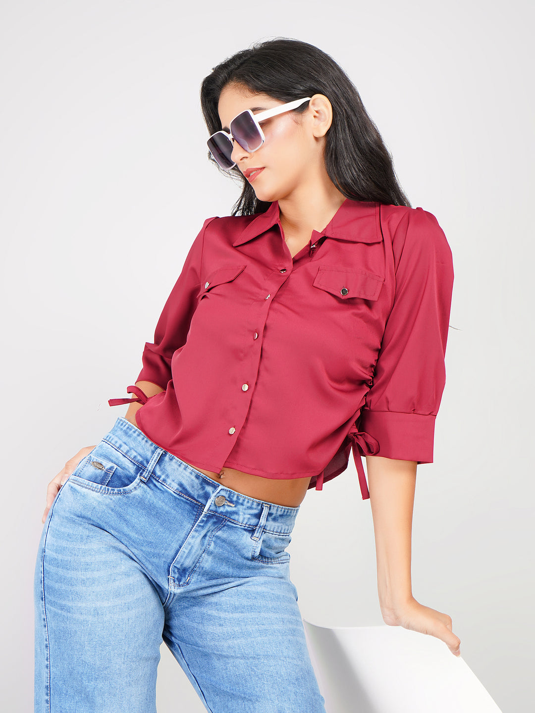 women’s button-down shirt with puff sleeves and tie detail