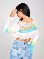 Load image into Gallery viewer, women’s colorful crochet knit long sleeve crop top

