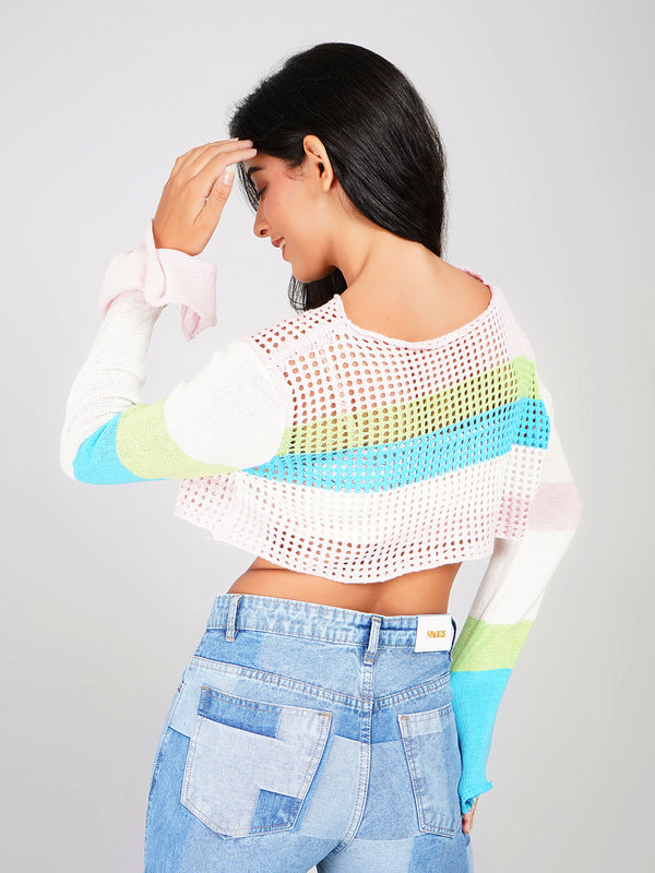 women’s colorful crochet knit long sleeve crop top