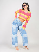 Load image into Gallery viewer, women’s crochet knit crop top in pink and yellow with flared sleeves
