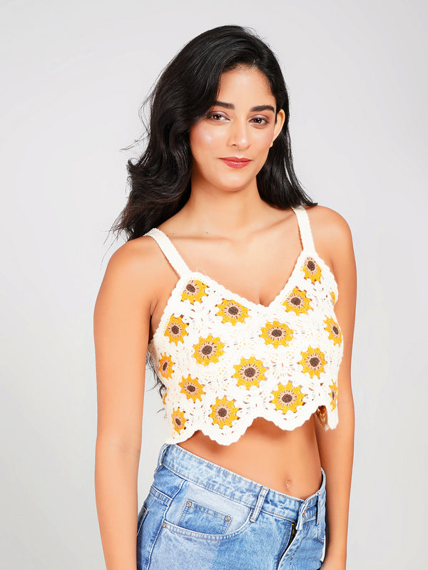 women’s sleeveless crochet crop top with yellow sunflower design