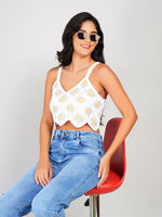 Load image into Gallery viewer, women’s white crochet crop top with yellow floral design
