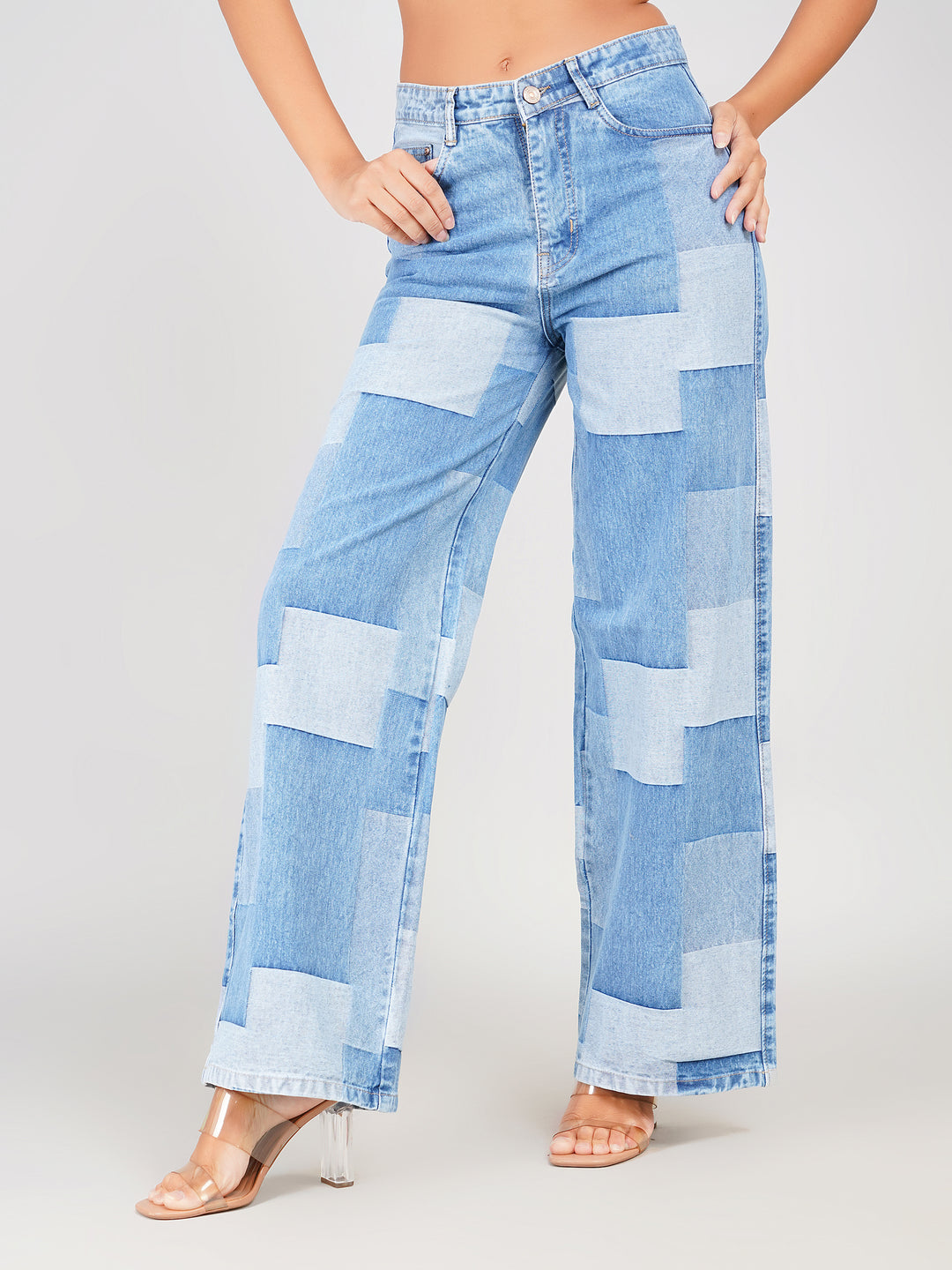 women stylish patchwork jeans street style