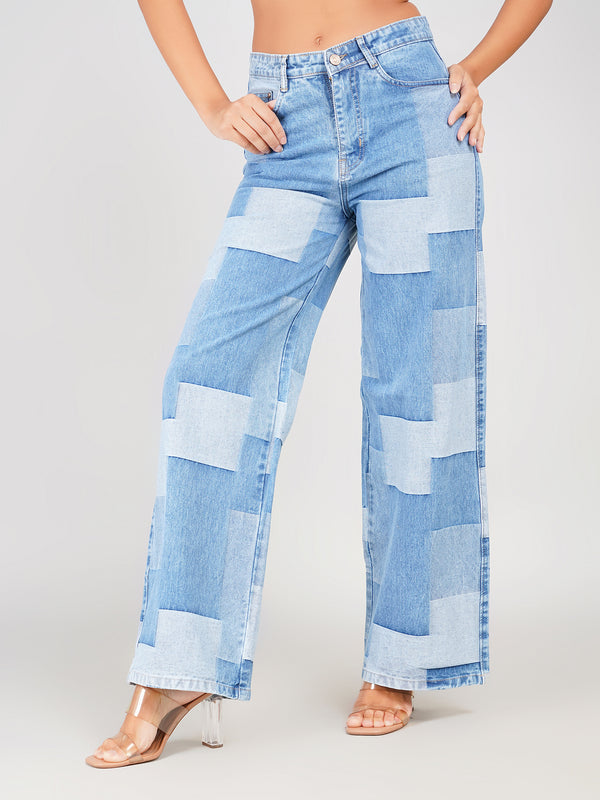 women stylish patchwork jeans street style