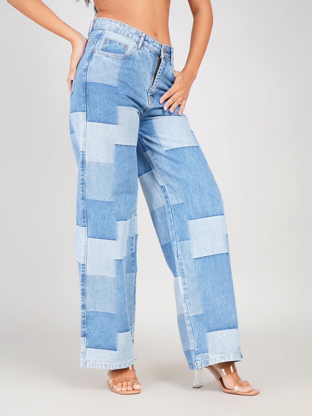 women stylish patchwork jeans street style