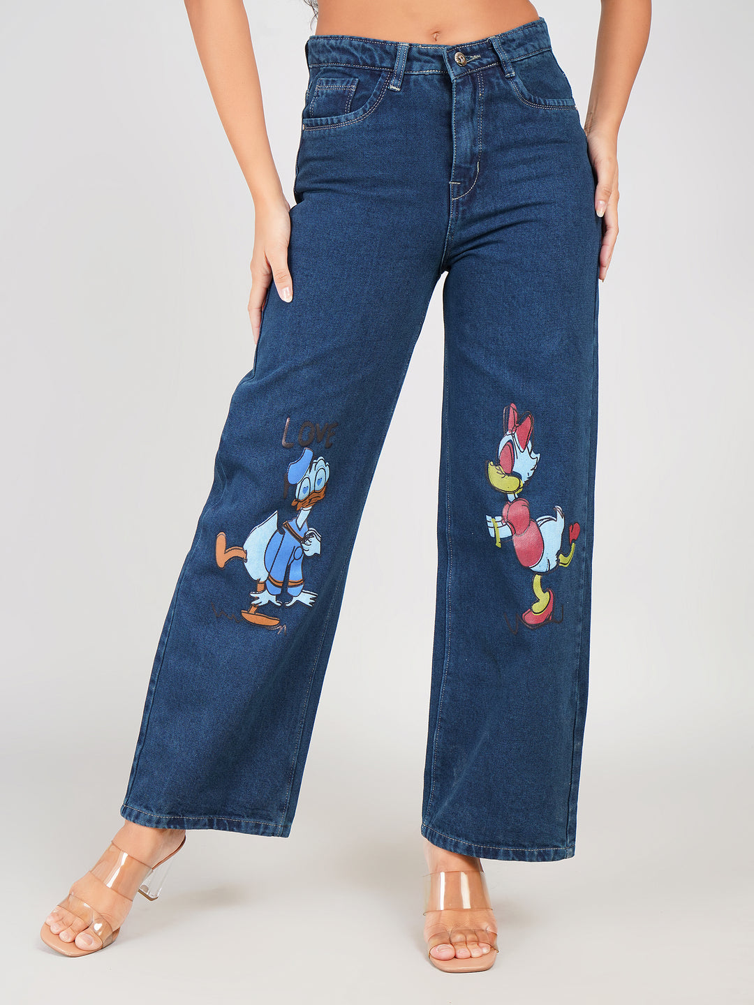 women stylish wide leg printed jeans